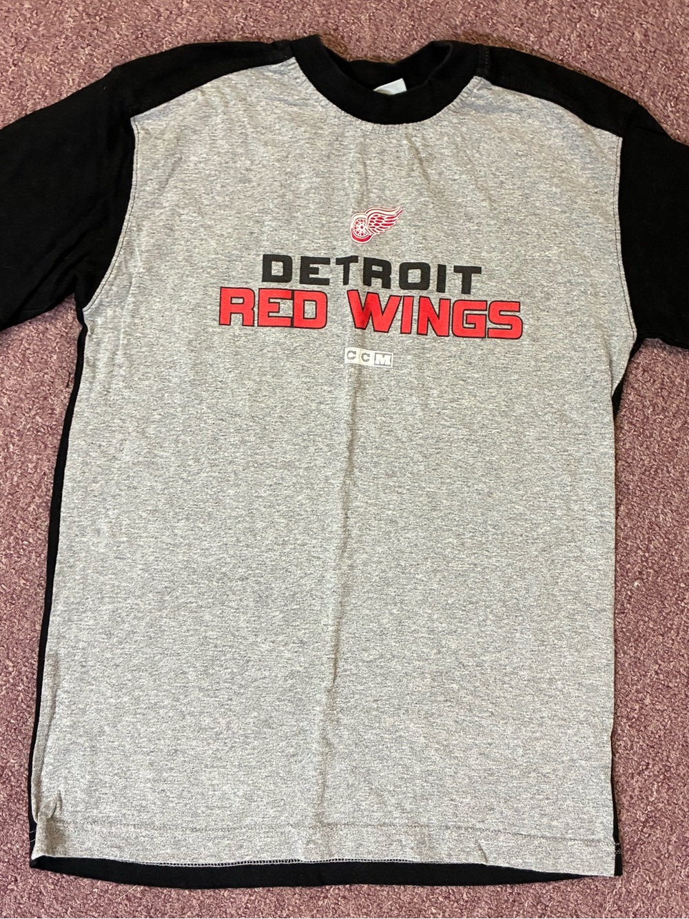 CCM Detroit Red Wings Gray and Black Raglan Kids Tee with Red Logo